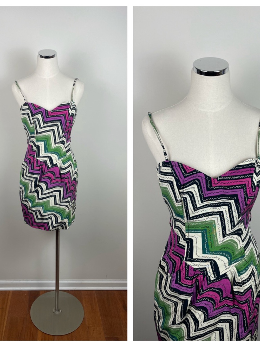 Tracy Reese Frock Purple White Green Zig Zag Geometric Bodycon Sweetheart Dress